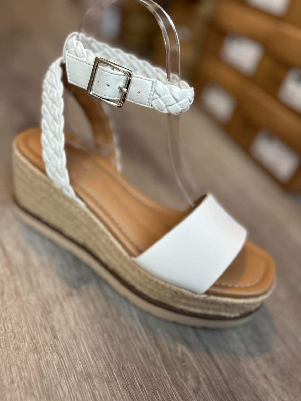 Emaline- Braided Strap Wedge Sandal White