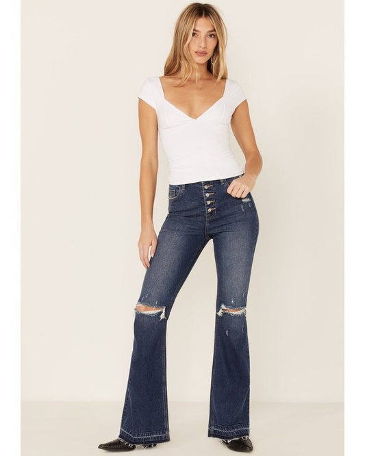 Tinsley High Rise 5 Button Flare Jeans - DARK MEDIUM WASH