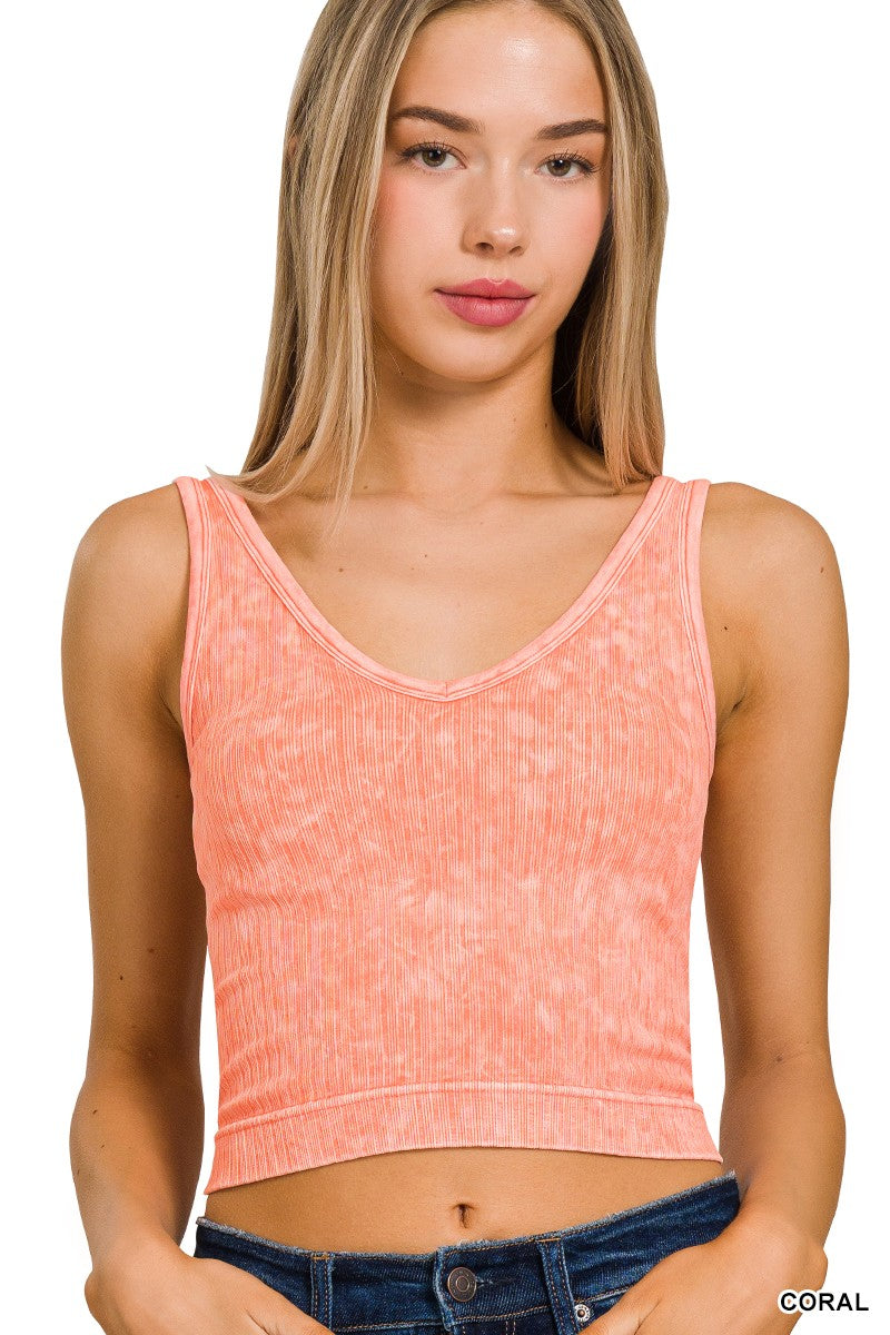 Reversible Ribbed Cropped Tank Top- Coral