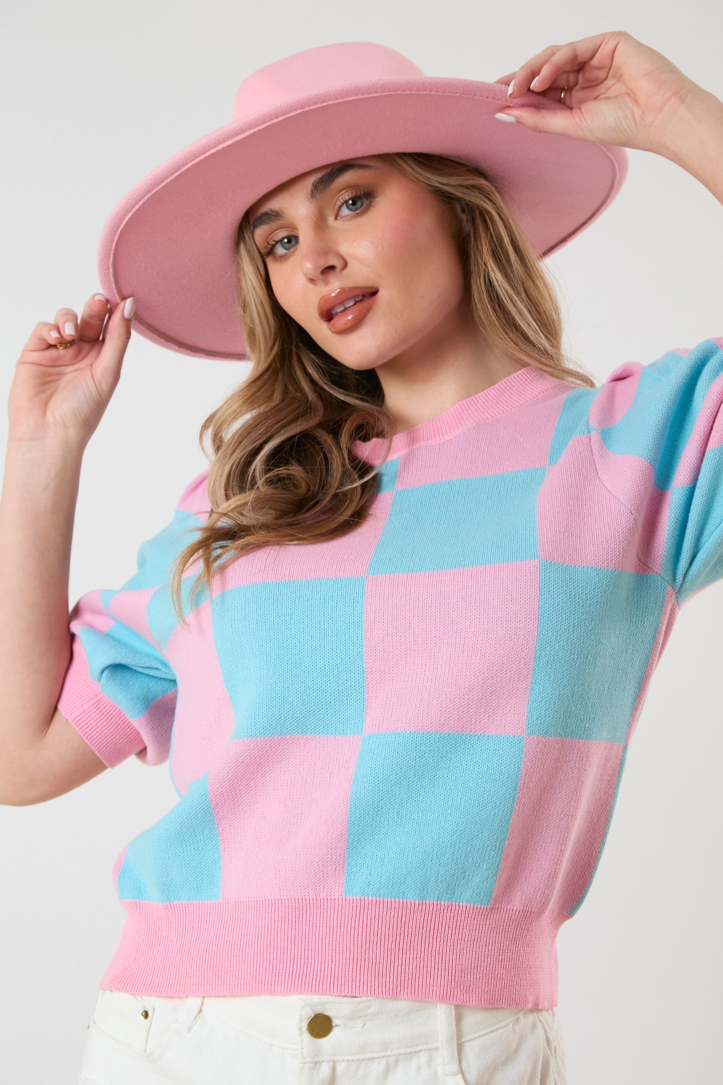 Multi Color Square Puff Sleeve Sweater Top- Pink/Light Blue