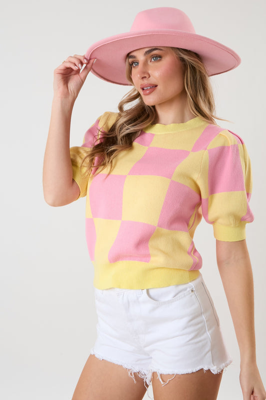 Multi Color Square Puff Sleeve Sweater Top- Lemon/Pink