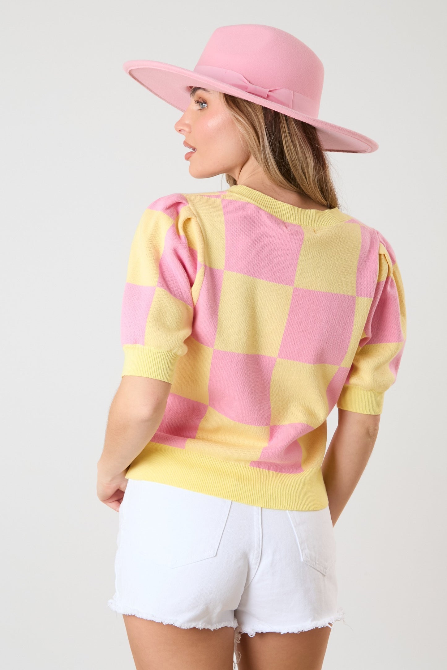 Multi Color Square Puff Sleeve Sweater Top- Lemon/Pink