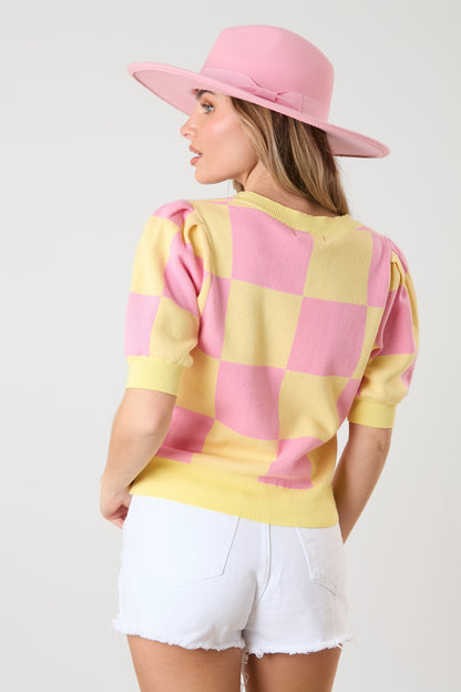 Multi Color Square Puff Sleeve Sweater Top- Lemon/Pink