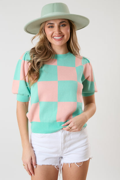 Multi Color Square Puff Sleeve Sweater Top- Mint/Peach