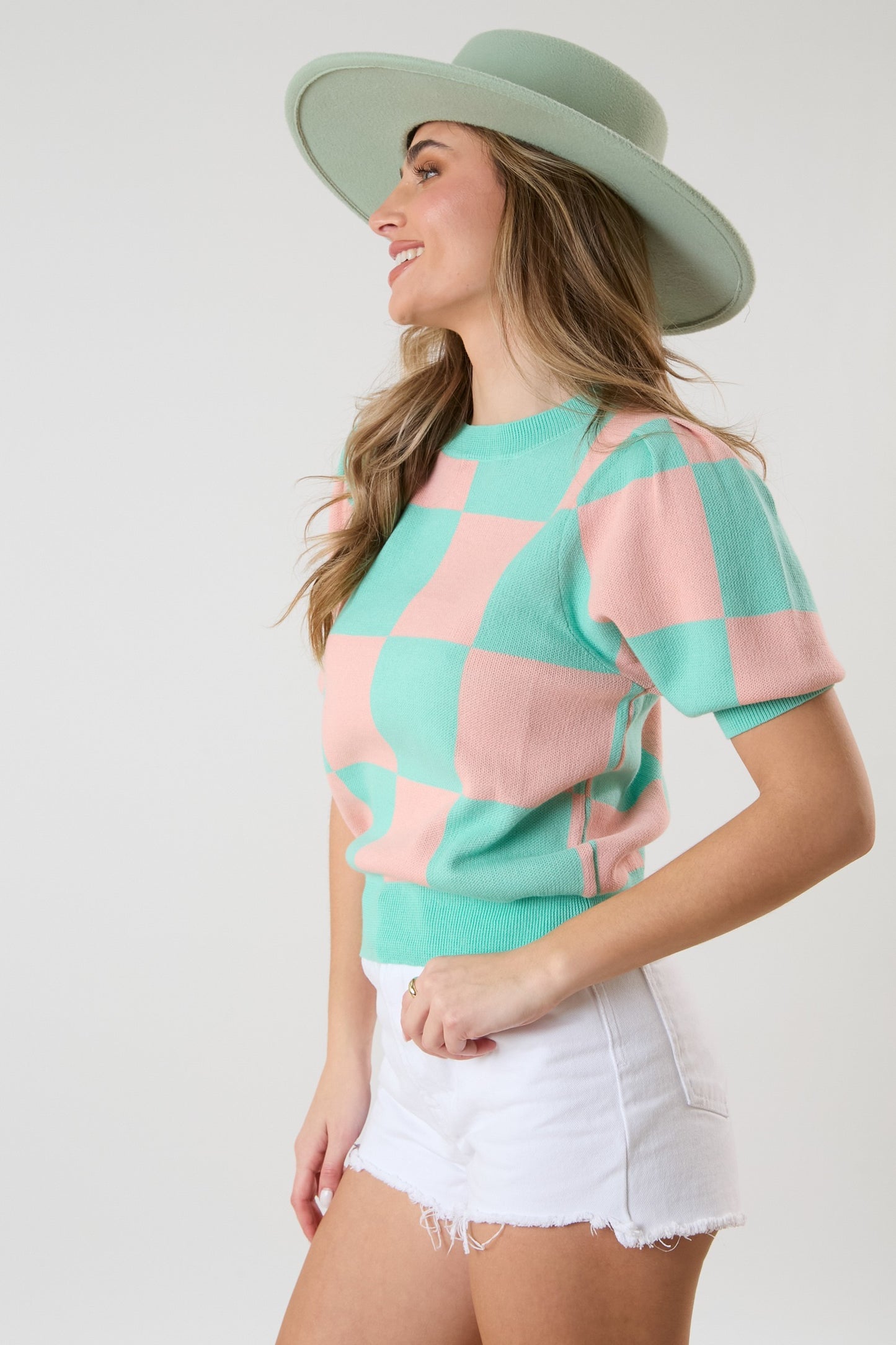 Multi Color Square Puff Sleeve Sweater Top- Mint/Peach