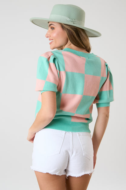 Multi Color Square Puff Sleeve Sweater Top- Mint/Peach