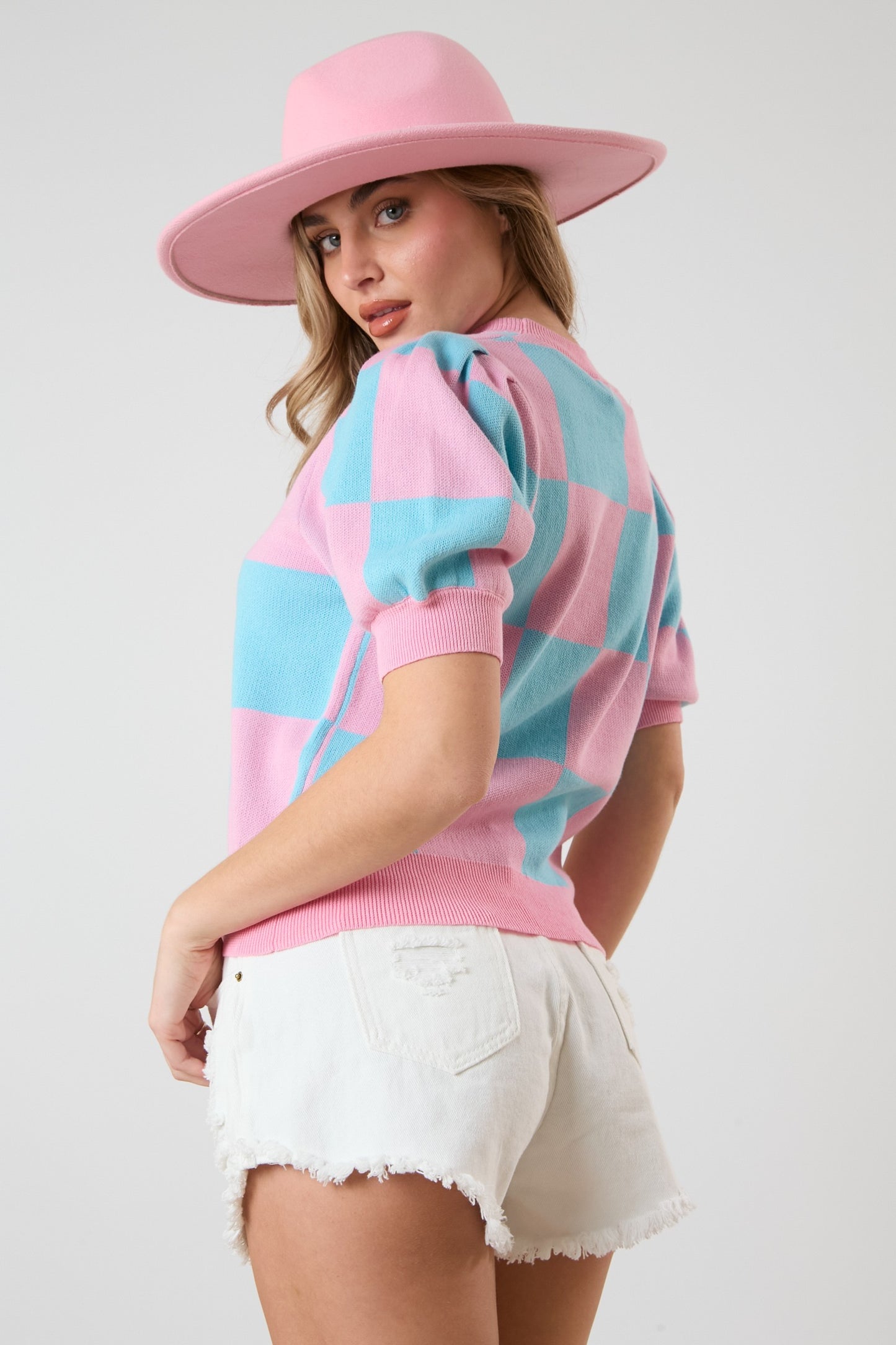 Multi Color Square Puff Sleeve Sweater Top- Pink/Light Blue