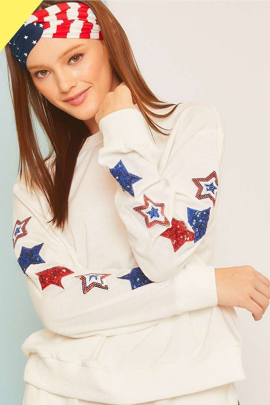 Round Neck Long Sleeve Star Patch French Terry Sweater