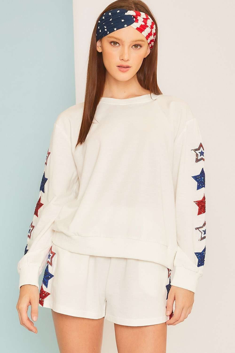 Round Neck Long Sleeve Star Patch French Terry Sweater