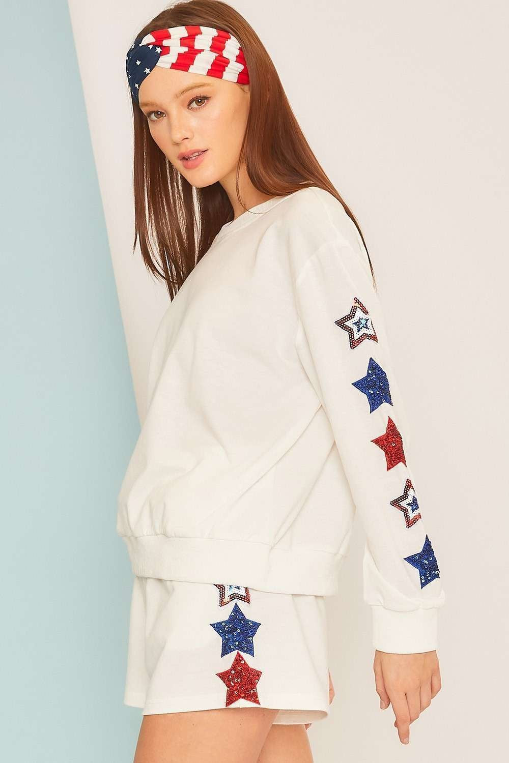 Round Neck Long Sleeve Star Patch French Terry Sweater