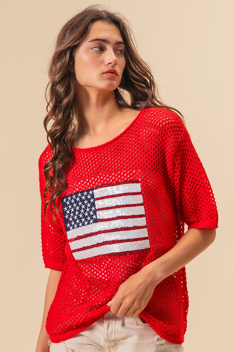 Sequin Flag Open Knit Top