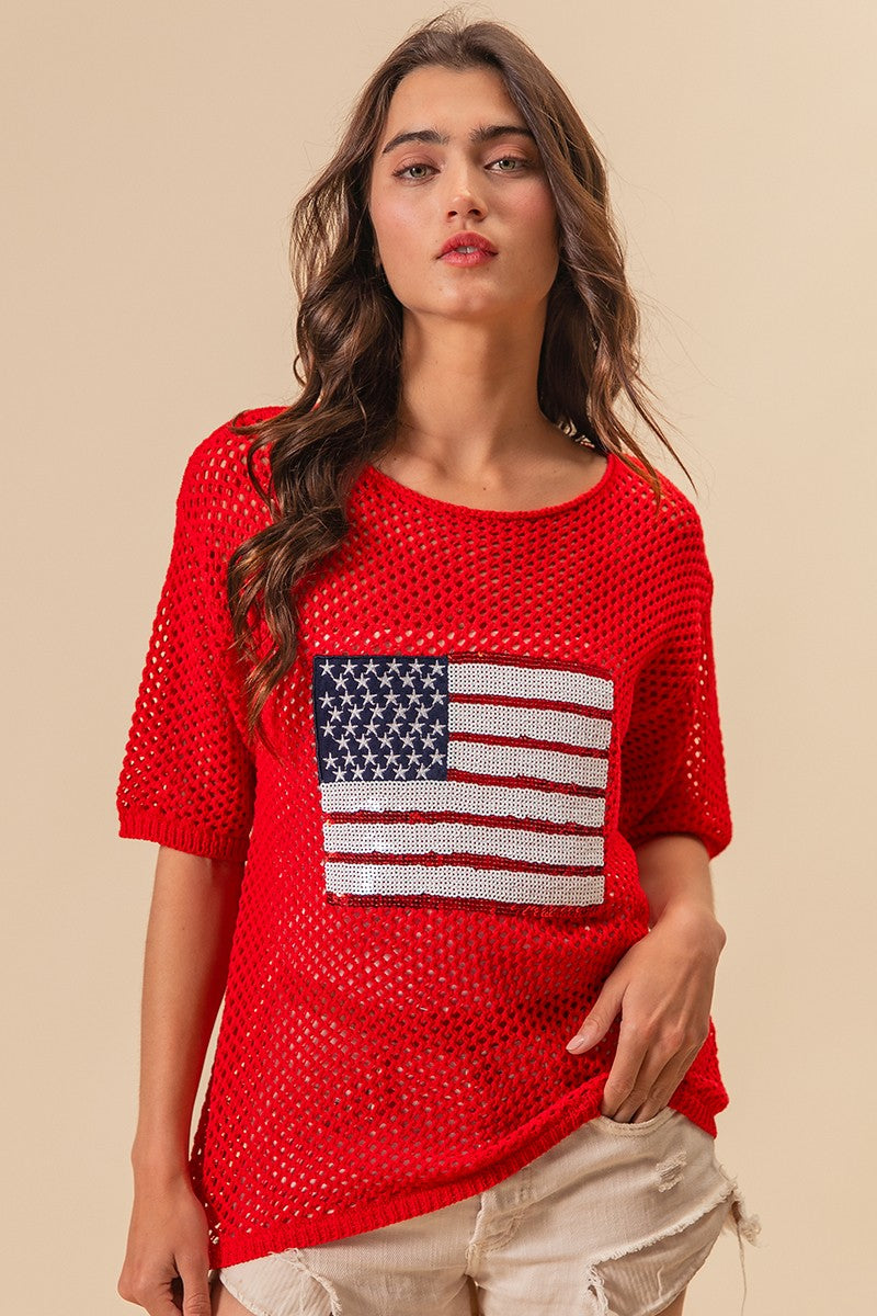 Sequin Flag Open Knit Top