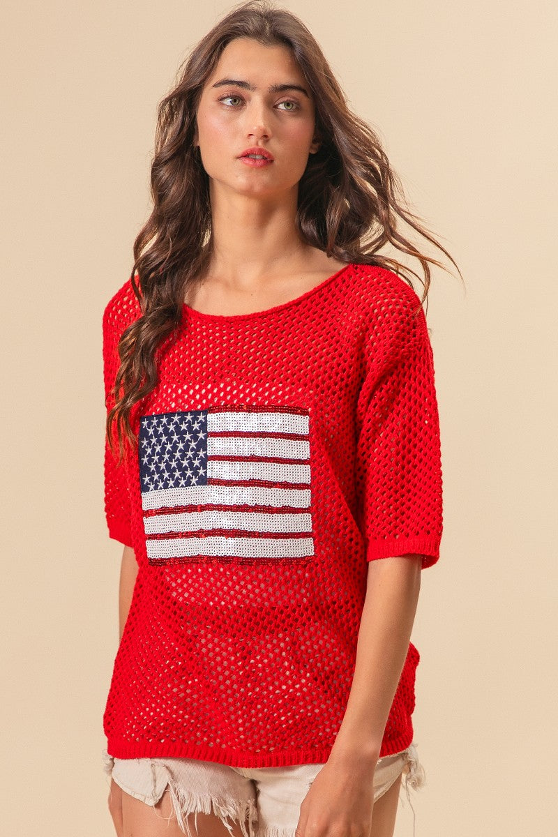 Sequin Flag Open Knit Top