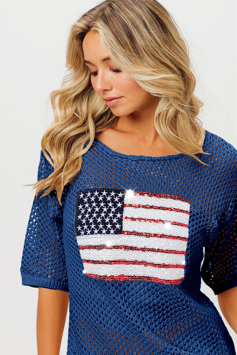 Sequin Flag Open Knit Top