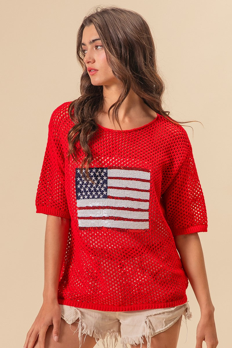 Sequin Flag Open Knit Top