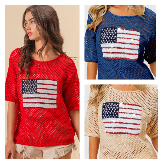 Sequin Flag Open Knit Top