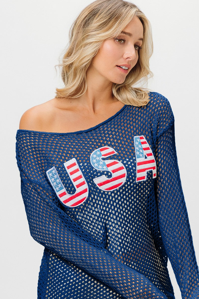 USA Flag Letter Open Knit Top