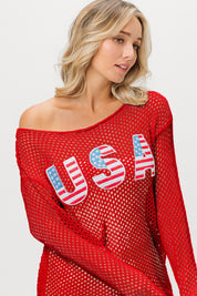 USA Flag Letter Open Knit Top