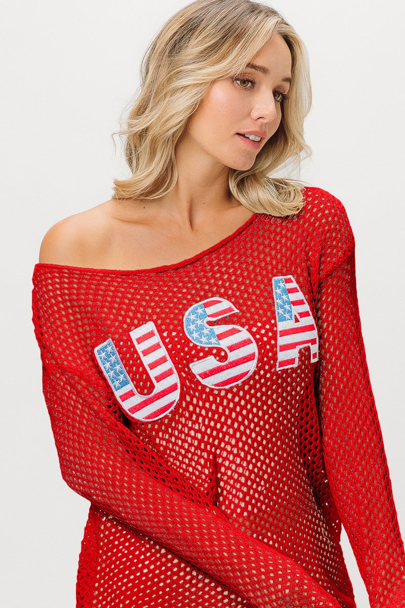 USA Flag Letter Open Knit Top