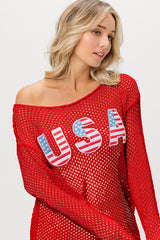 USA Flag Letter Open Knit Top