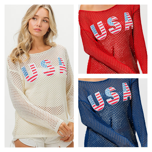 USA Flag Letter Open Knit Top