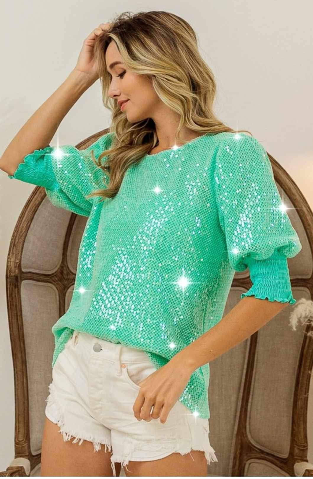 Clear Sequin Smocked Cuff Top- Sage