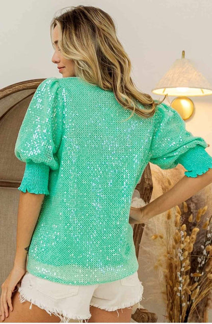 Clear Sequin Smocked Cuff Top- Sage