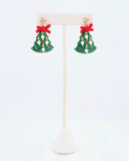 Christmas Tree Earring with Bow and Pearls