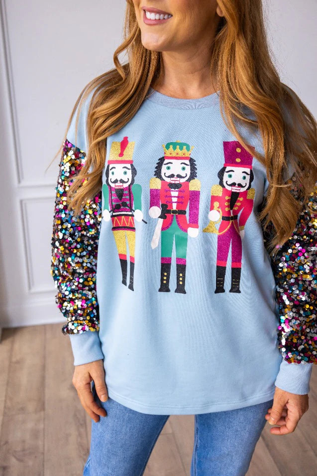 Nutcrackers Sequin Sleeves on Blue Sweatshirt