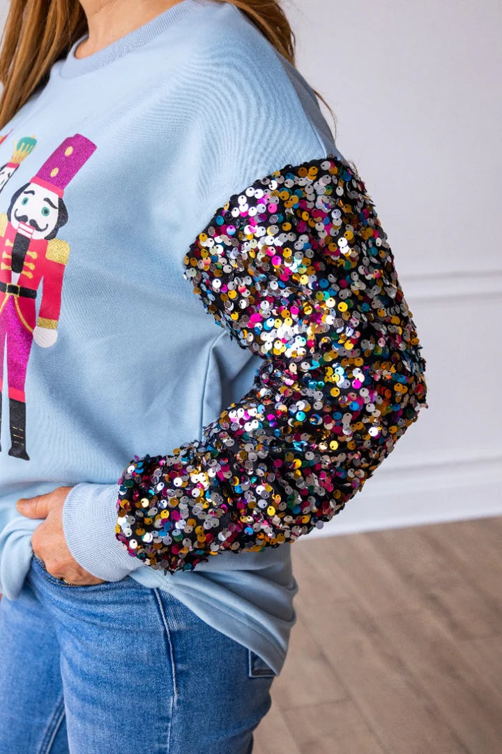 Nutcrackers Sequin Sleeves on Blue Sweatshirt