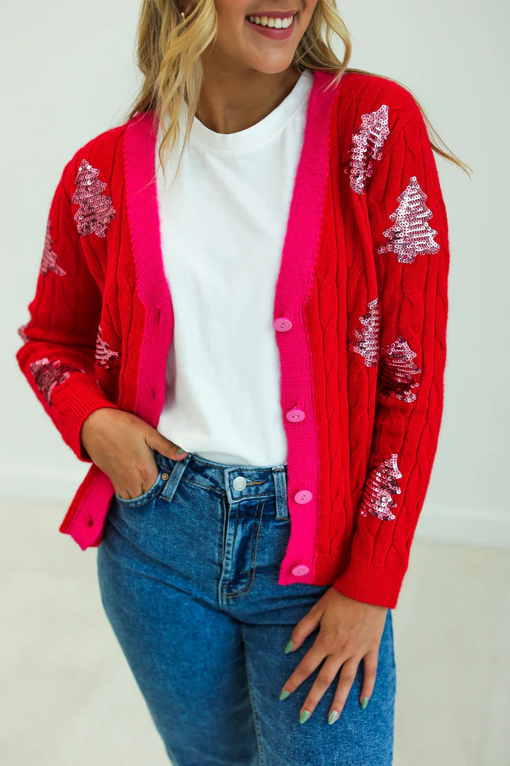 Tree Sequins Cardigan- RED