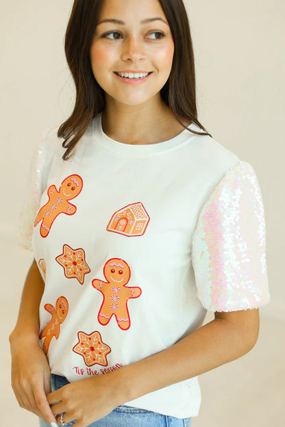 Ginger Bread on White with Sequin Sleeves