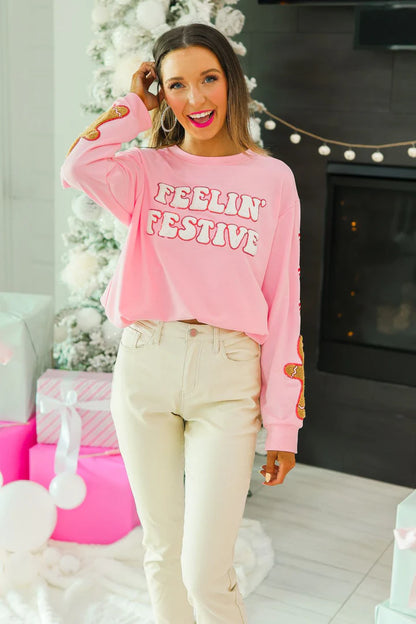 Feelin' Festive-  Pink Gingerbread Sweatshirt