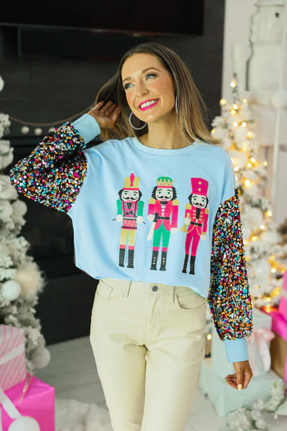 Nutcrackers Sequin Sleeves on Blue Sweatshirt