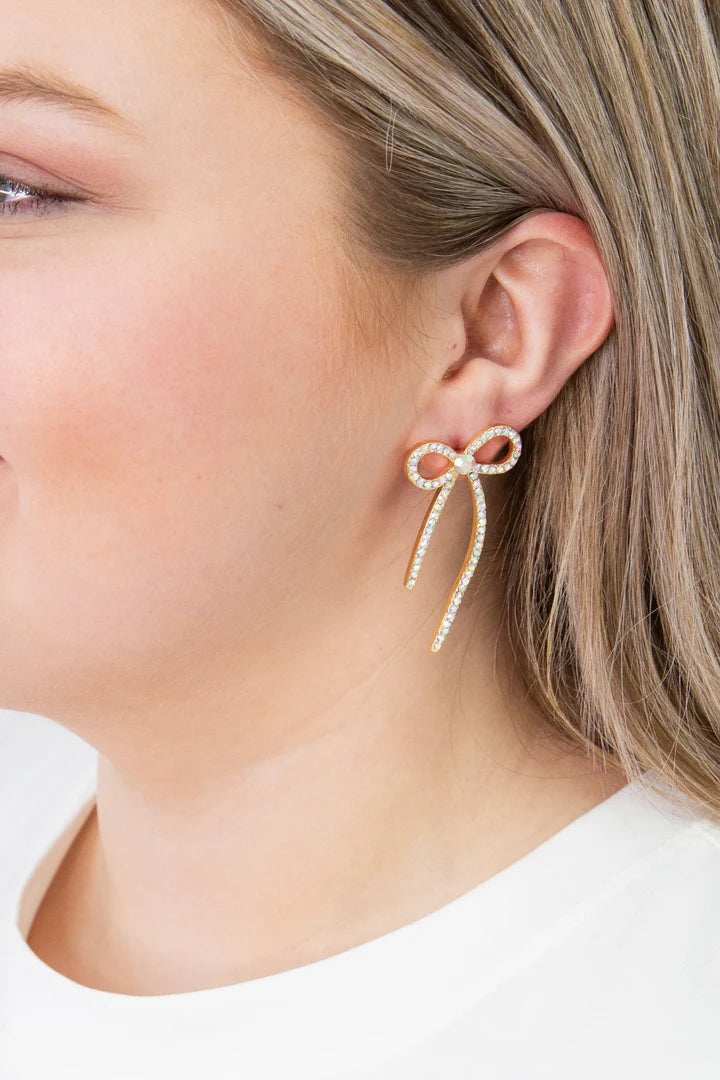 Rhinestone Bow Earrings, Gold
