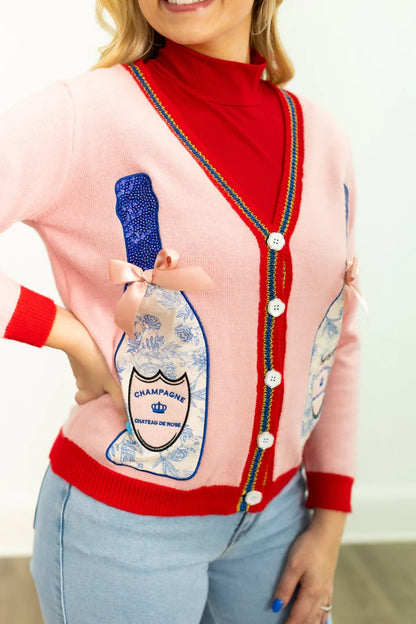Pink Cardigan with Champagne Bottle Patches