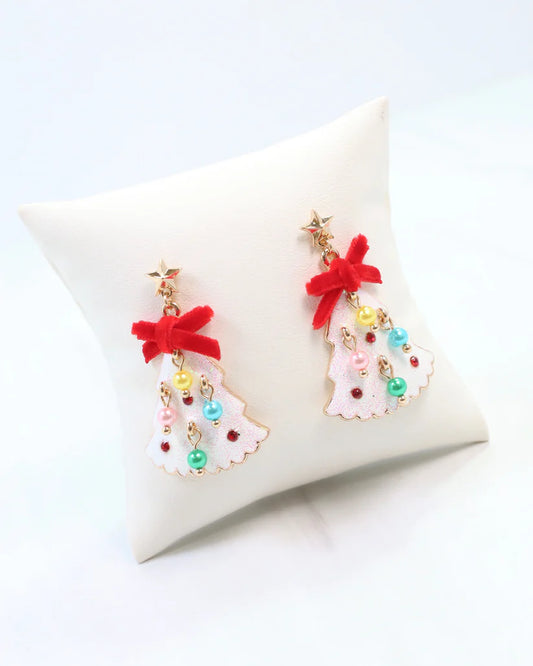 Christmas Tree Earring with Bow and Pearls