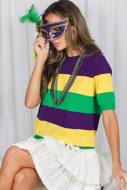 On the Route - Mardi Gras Crew Neck Color Block Top