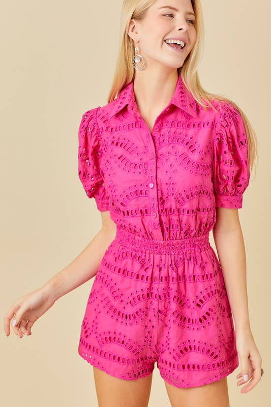 Love In Bloom- Eyelet Lace Puff Sleeve Romper