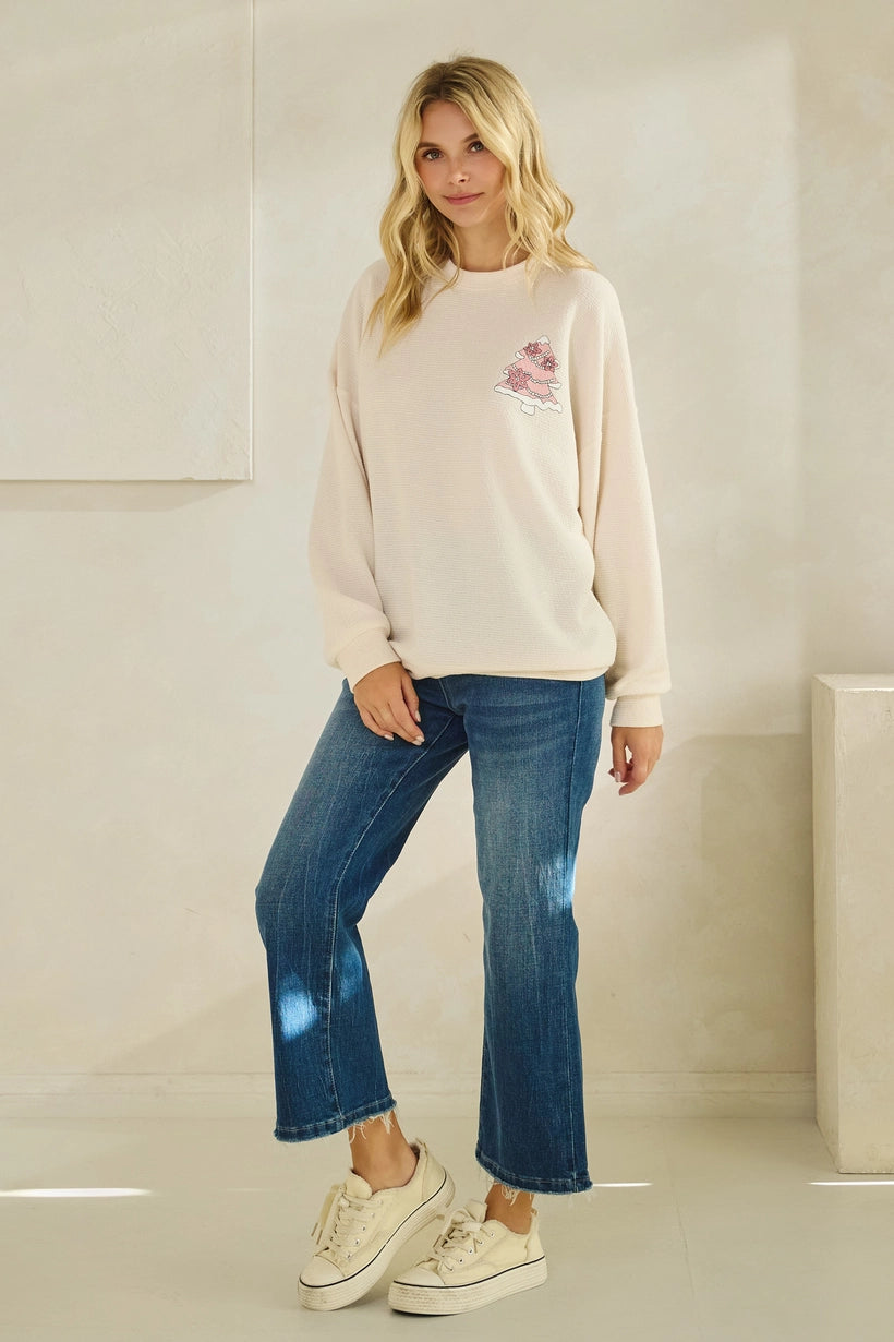 PINK Christmas Tree Cookie Graphic Cloudy Knit L/S