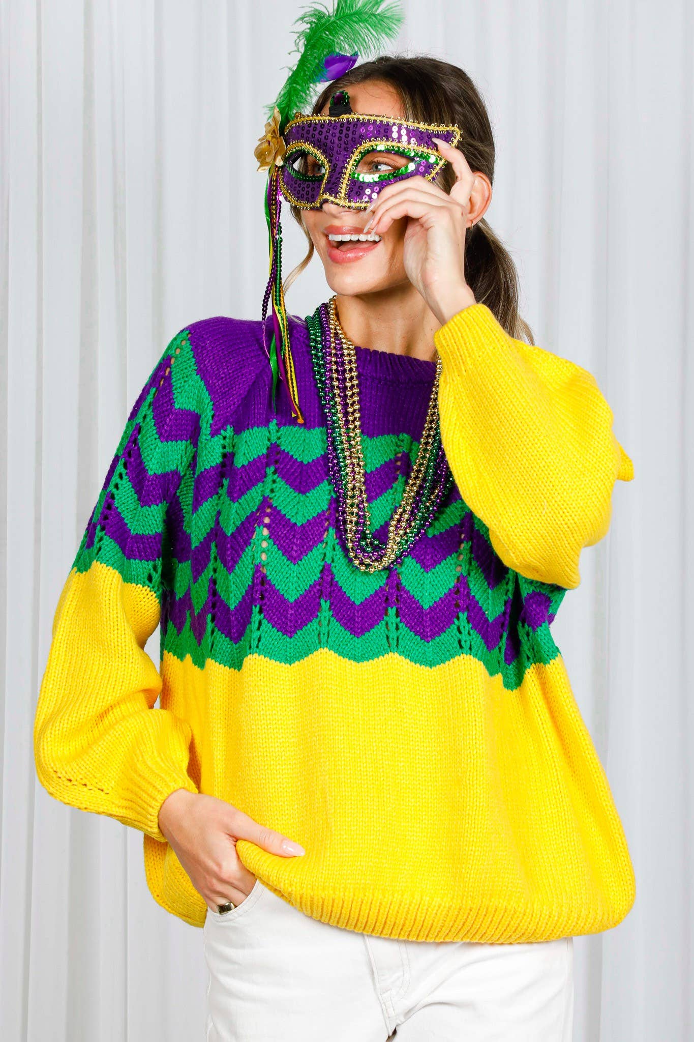 Holiday- Fair Isle Accent Mardi Gras Knitted Sweater