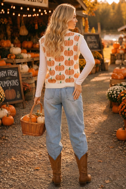 All Over Pumpkin Knit Vest – Thanksgiving Fall Layering Top