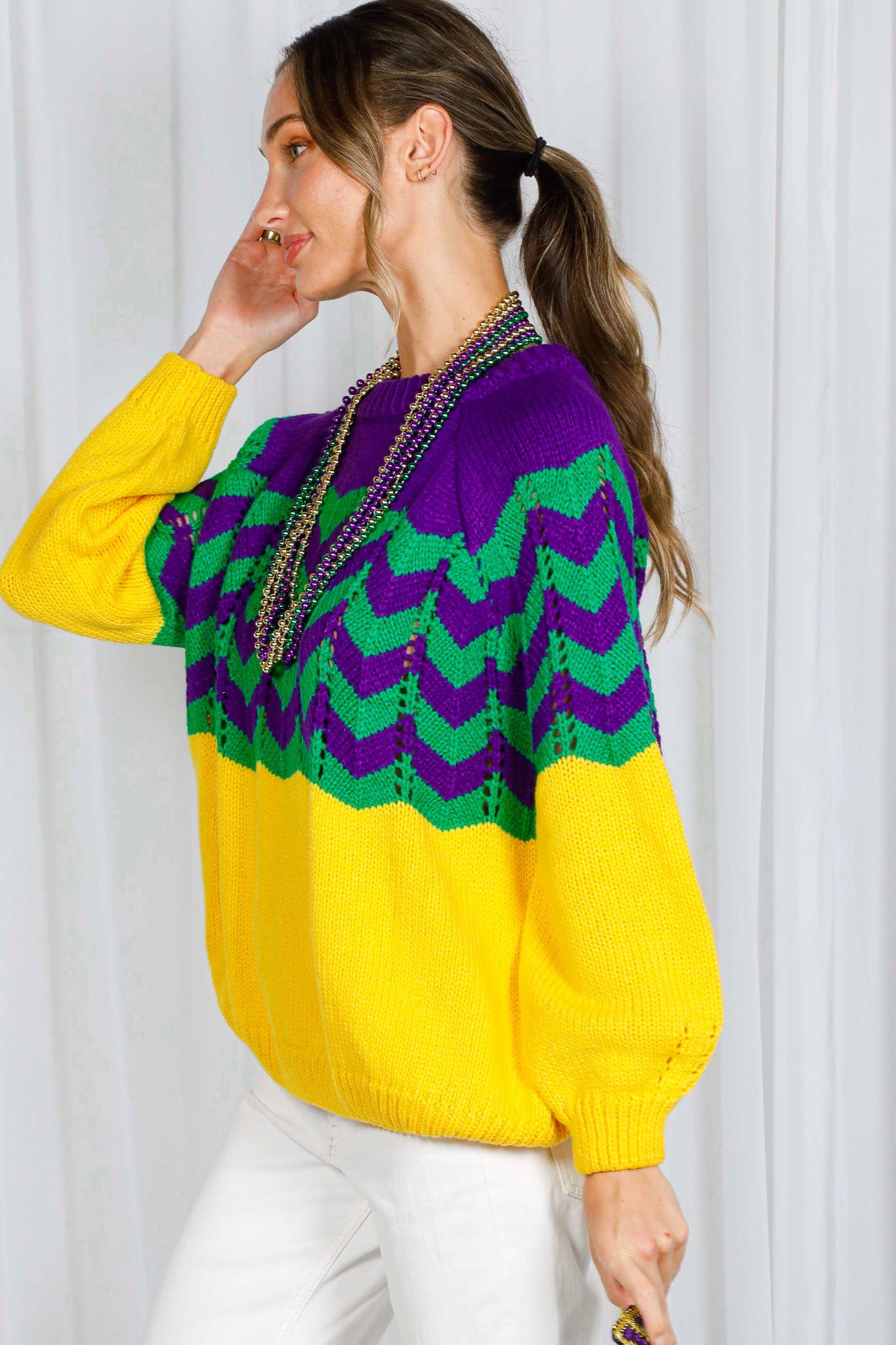 Holiday- Fair Isle Accent Mardi Gras Knitted Sweater