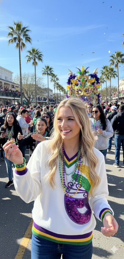 MASQUERADE- Mardi Gras Sequin Embroidered Mask V neck Sweatshirt