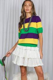 On the Route - Mardi Gras Crew Neck Color Block Top