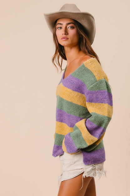 MARDI GRAS STRIPES V-Neck SWEATER