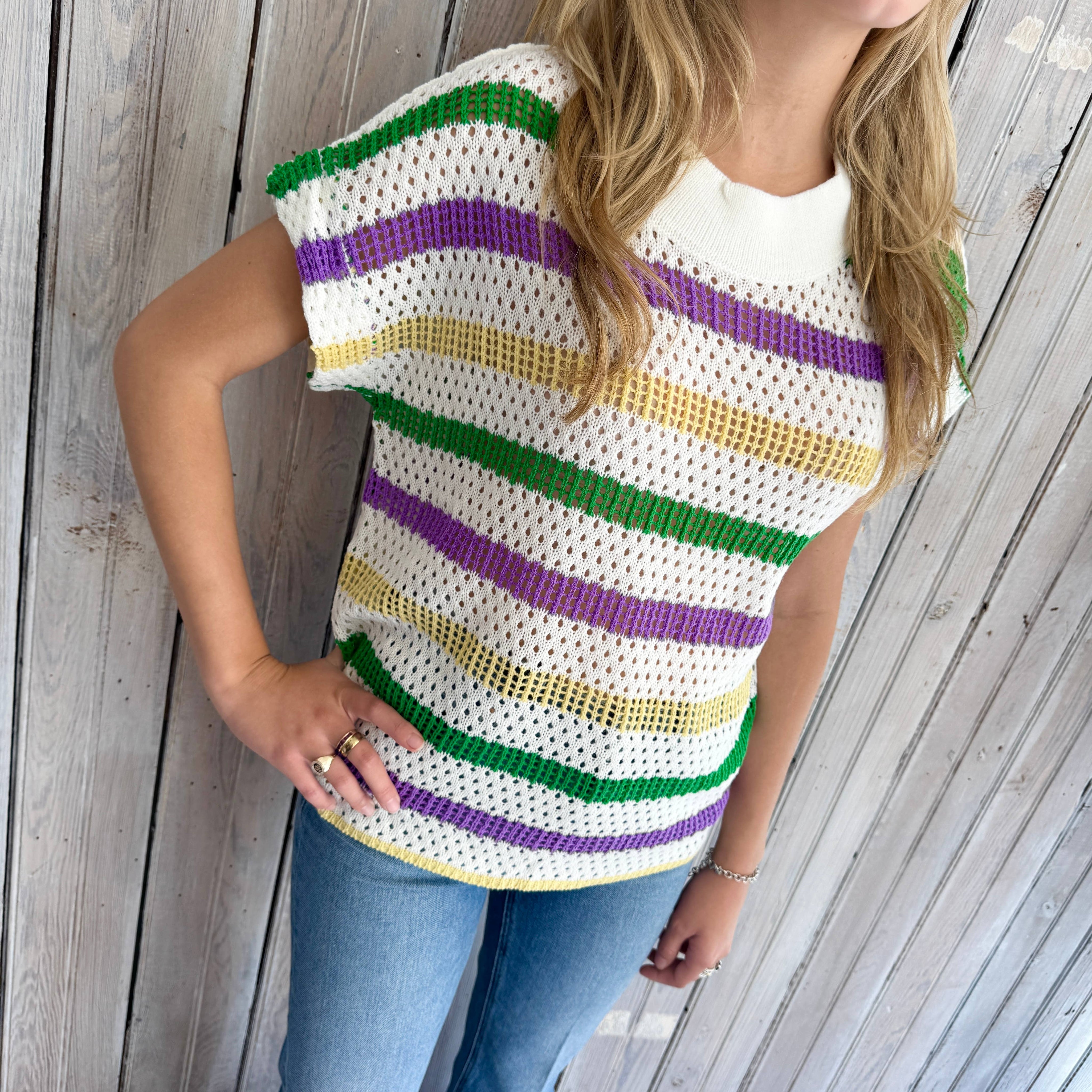 Ivory Mardi Stripe Loose Knit S/S