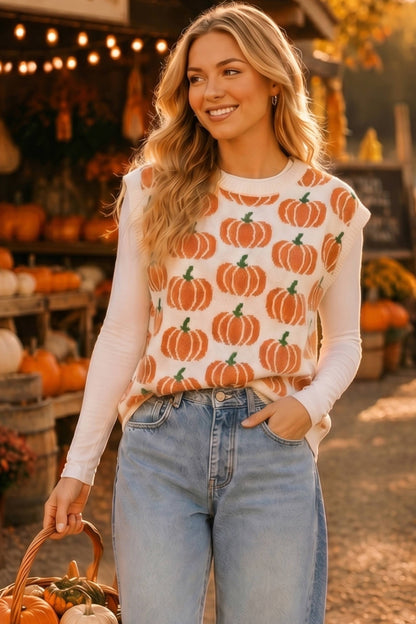 All Over Pumpkin Knit Vest – Thanksgiving Fall Layering Top