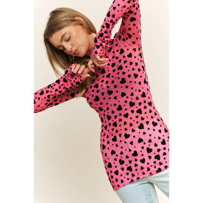MESH HEART FLOCKING HIGH NECK DESIGN LONG SLEEVE FITTED TOP