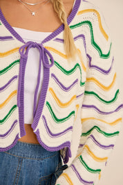 IRIS- Mardi Gras Wave Stripe Tie Cardigan – Festive Knit